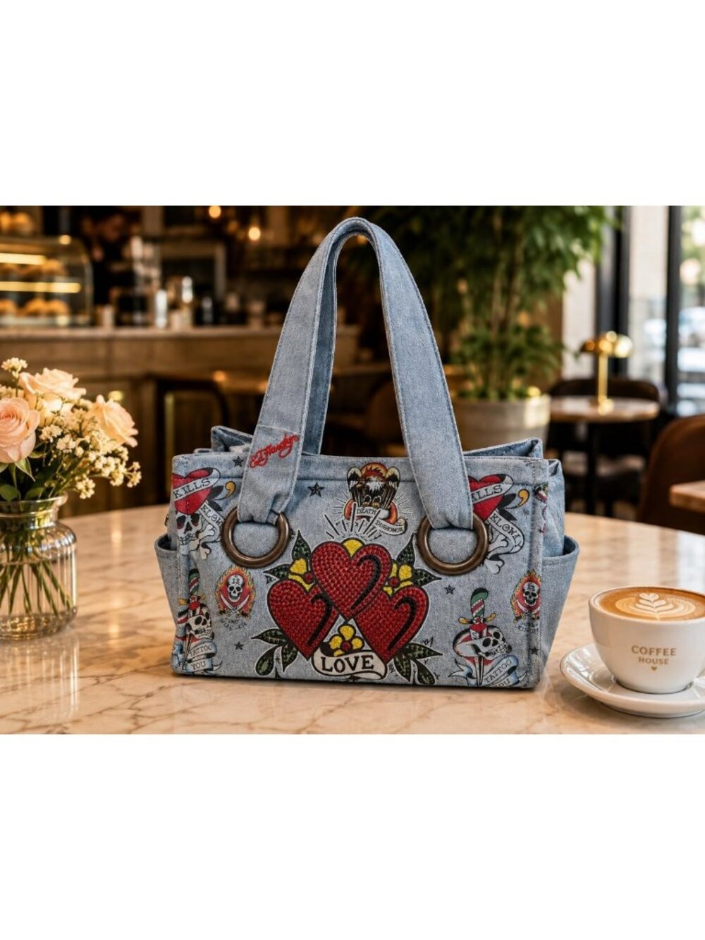 Vintage Denim Tattoo Print Tote Bag - Stylish, Spacious, Trendy Handbag - Picture 2 of 7